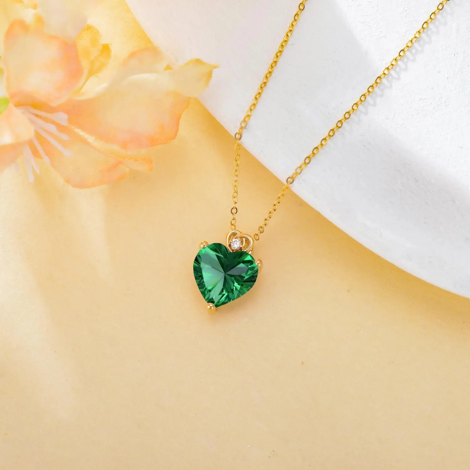 14k Gold Love Heart Gemstone Birthstone Necklaces for Women 3 Carat Heart-cut Created Birthstone Anniversary Birthday Mother's Day Pendant for Her 16 1 1 inch