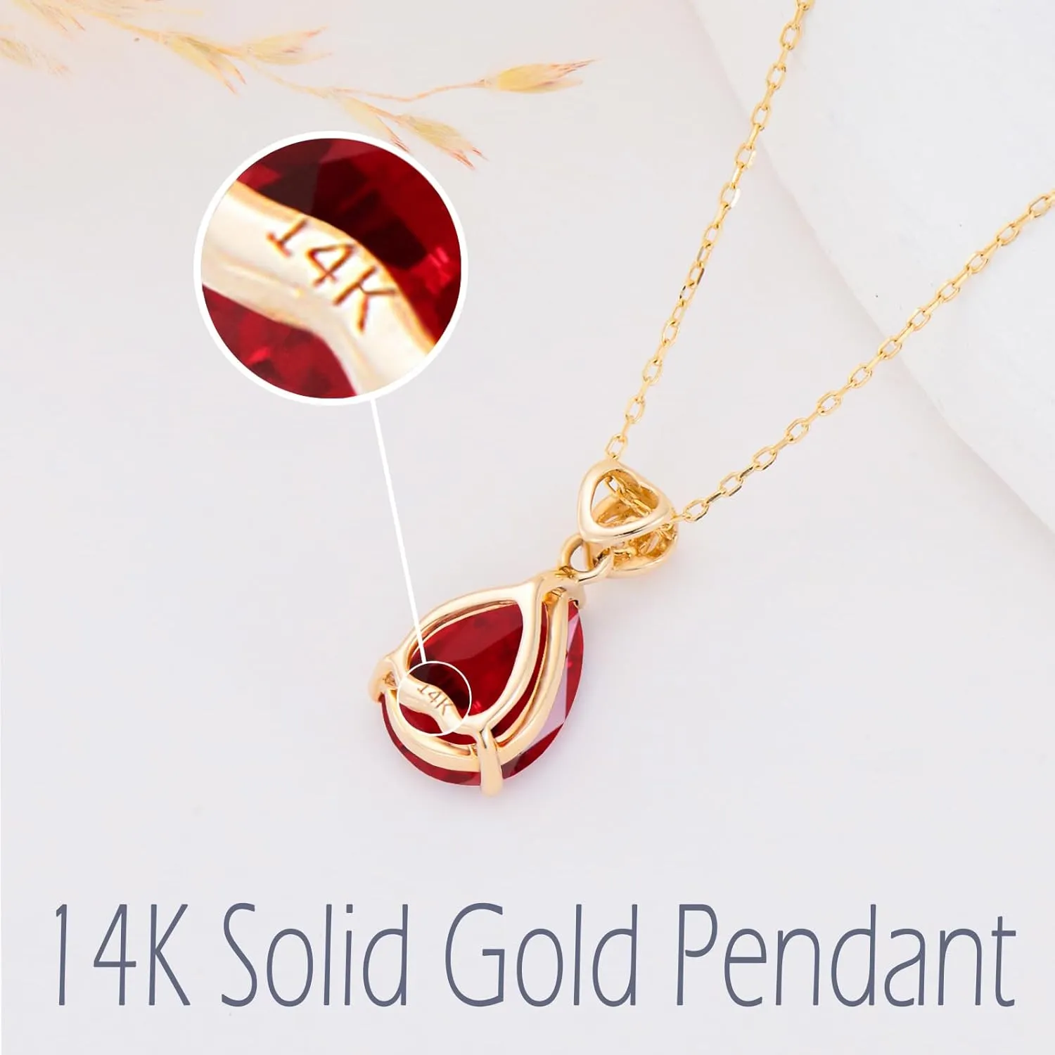 14k Gold Pear Gemstone Birthstone Necklace with Real Diamond(I2-I3 Clarity),2 Carat Teardrop Created Birthstone Anniversary Birthday Mother's Day Necklaces for Women Mom Her
