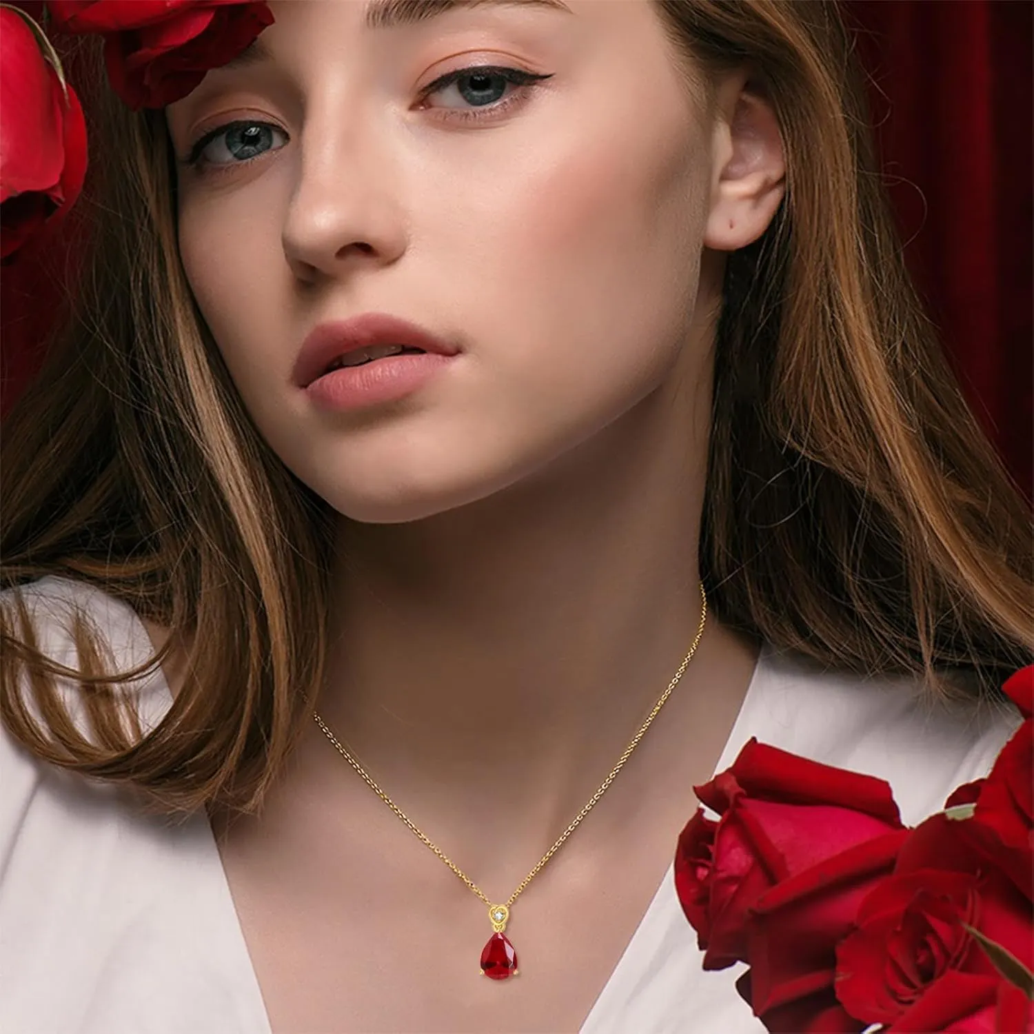 14k Gold Pear Gemstone Birthstone Necklace with Real Diamond(I2-I3 Clarity),2 Carat Teardrop Created Birthstone Anniversary Birthday Mother's Day Necklaces for Women Mom Her