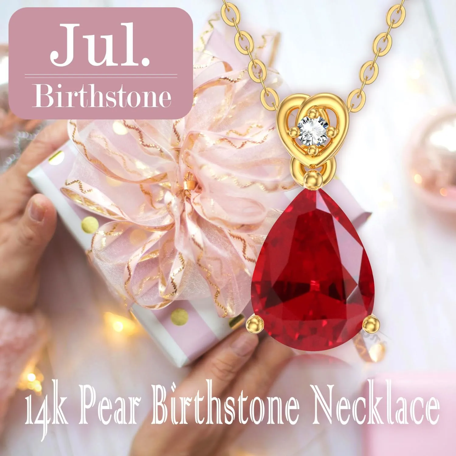 14k Gold Pear Gemstone Birthstone Necklace with Real Diamond(I2-I3 Clarity),2 Carat Teardrop Created Birthstone Anniversary Birthday Mother's Day Necklaces for Women Mom Her