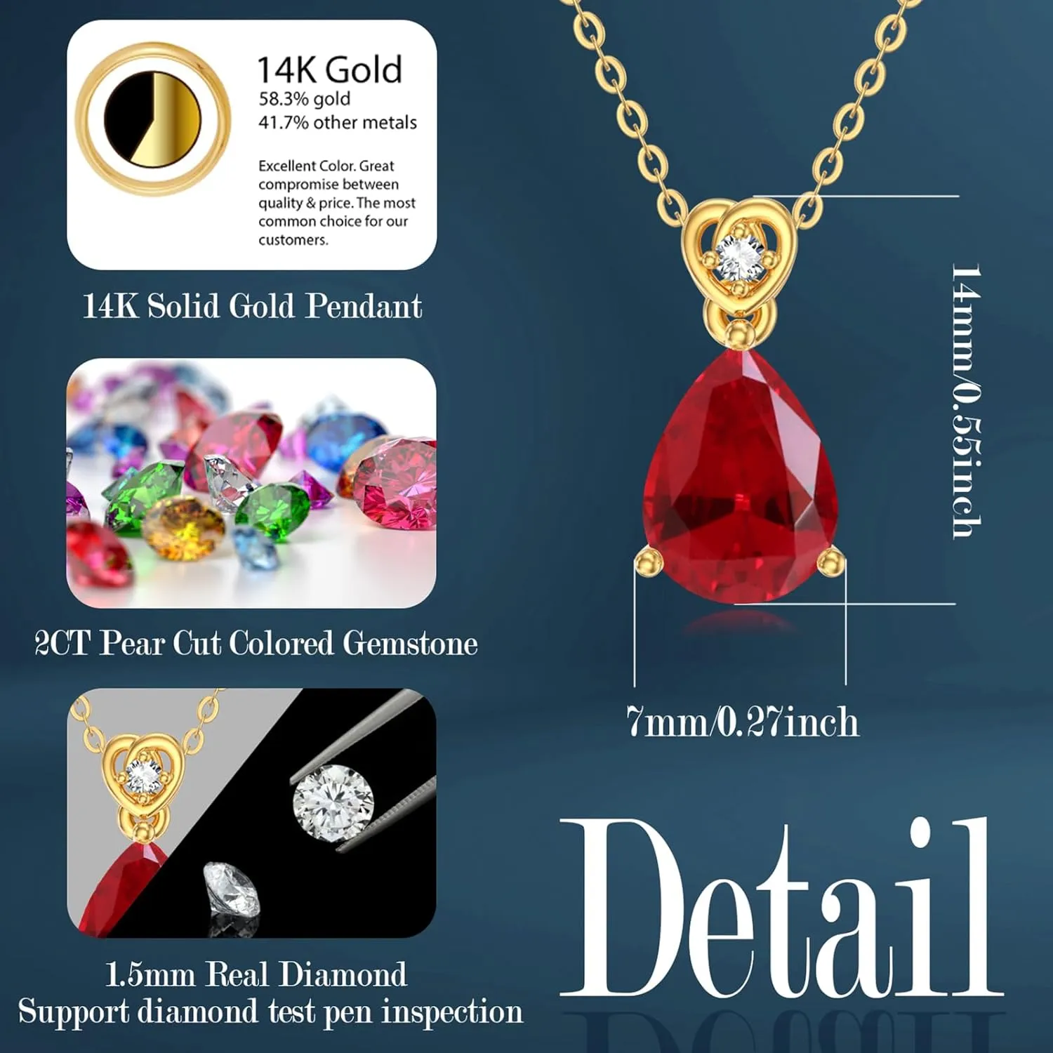 14k Gold Pear Gemstone Birthstone Necklace with Real Diamond(I2-I3 Clarity),2 Carat Teardrop Created Birthstone Anniversary Birthday Mother's Day Necklaces for Women Mom Her