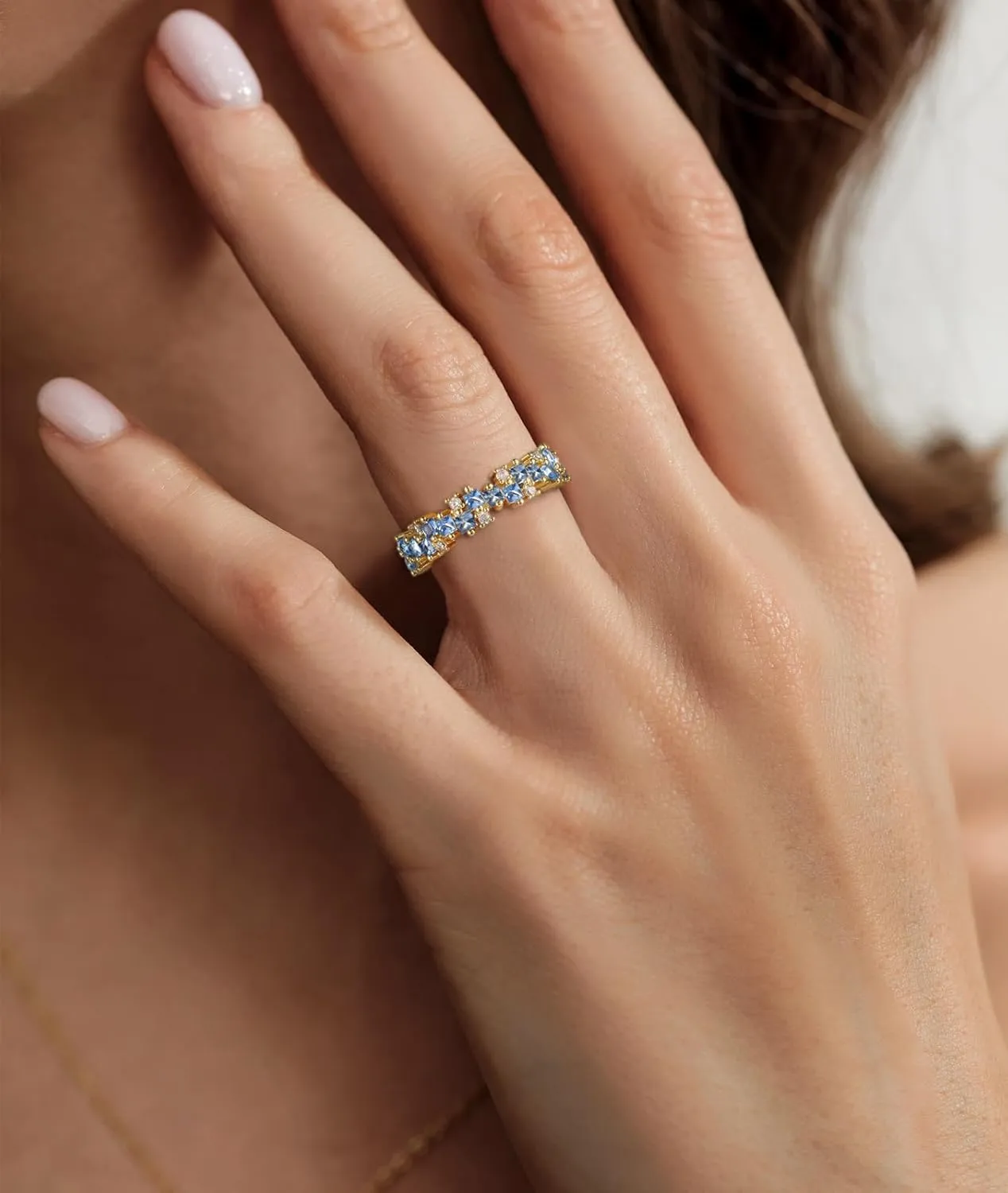 14K Gold Plated Eternity Ring Band for Women Princess Cut Created Blue Aquamarine CZ Stackable Wedding Promise Rings for Her Size 5-10