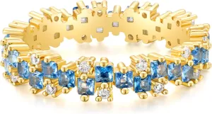 14K Gold Plated Eternity Ring Band for Women Princess Cut Created Blue Aquamarine CZ Stackable Wedding Promise Rings for Her Size 5-10