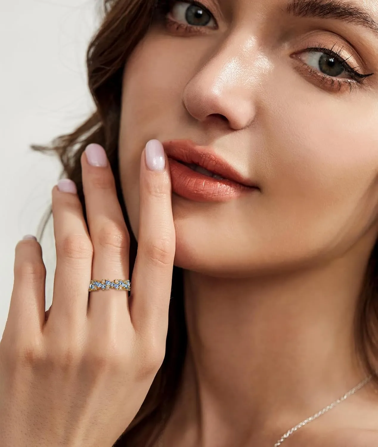 14K Gold Plated Eternity Ring Band for Women Princess Cut Created Blue Aquamarine CZ Stackable Wedding Promise Rings for Her Size 5-10
