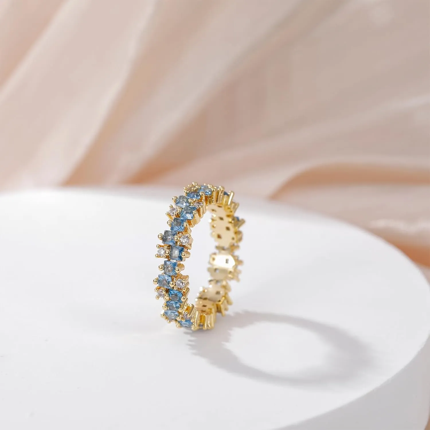 14K Gold Plated Eternity Ring Band for Women Princess Cut Created Blue Aquamarine CZ Stackable Wedding Promise Rings for Her Size 5-10
