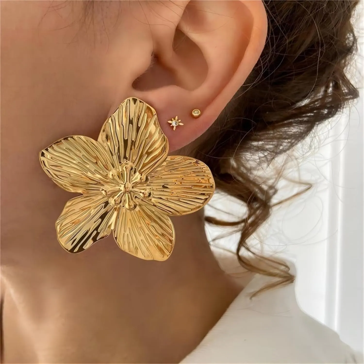 14K Gold Plated Gold Flower Earrings for Women,Boho Statement Large Double Flower Earrings Trendy Chunky Floral Stud Earrings Elegant Chic Flower Jewelry