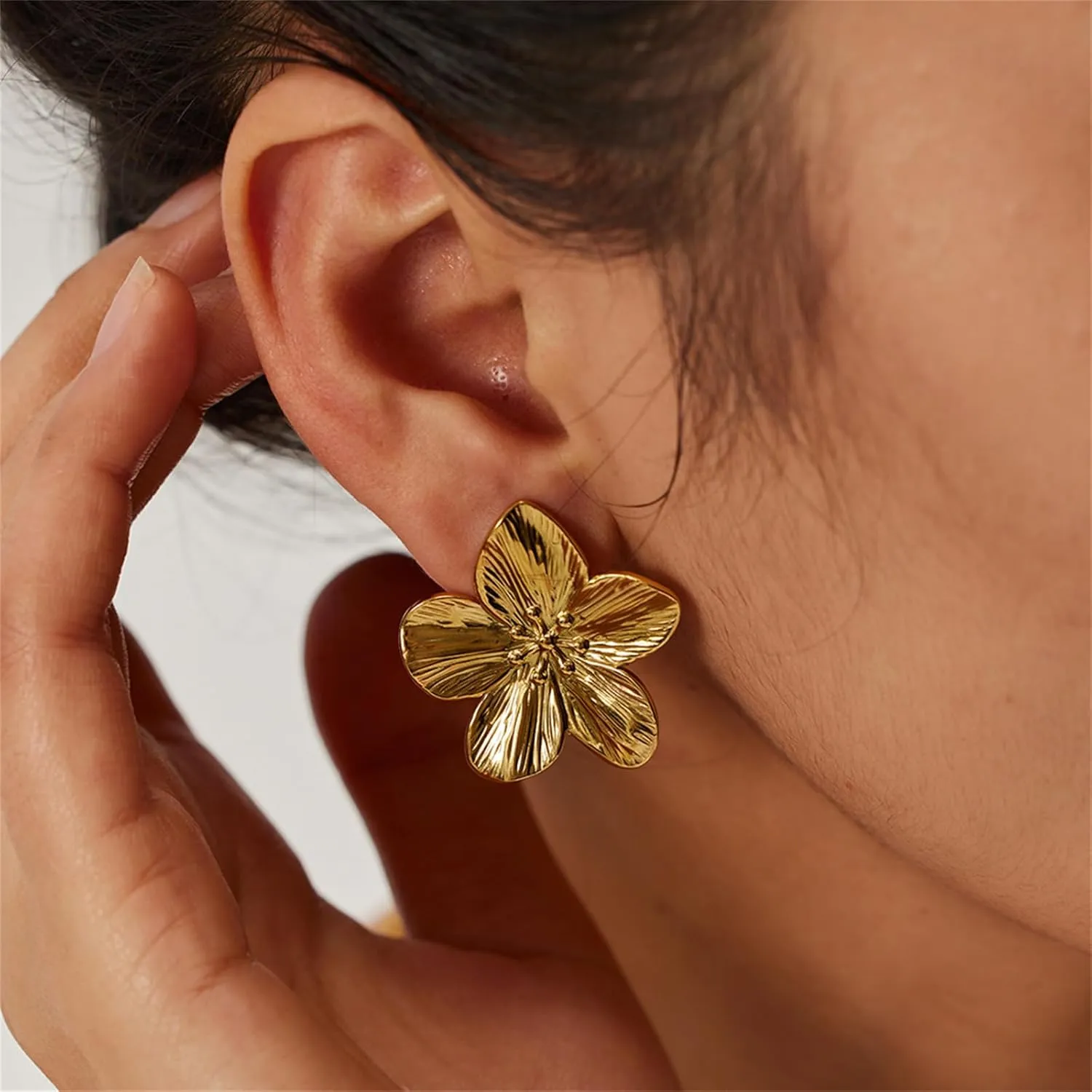 14K Gold Plated Gold Flower Earrings for Women,Boho Statement Large Double Flower Earrings Trendy Chunky Floral Stud Earrings Elegant Chic Flower Jewelry