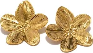 14K Gold Plated Gold Flower Earrings for Women,Boho Statement Large Double Flower Earrings Trendy Chunky Floral Stud Earrings Elegant Chic Flower Jewelry