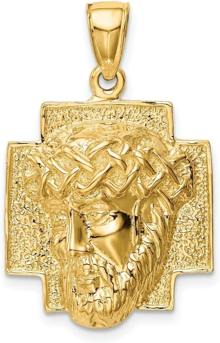 14K Gold Polished Large Jesus Head With Crown Pendant