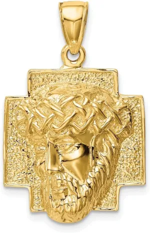 14K Gold Polished Large Jesus Head With Crown Pendant