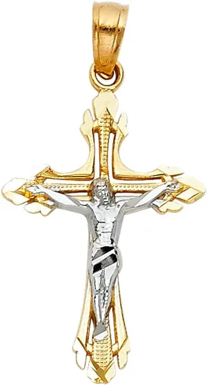 14K Real Gold Two Tone Linear Jesus Cross Pendant - 25x16 MM Crucifix Charm Necklace Pendant - Great Gift for Men & Women