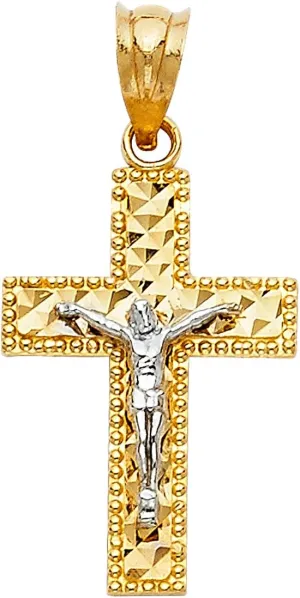 14K Two Tone Gold Crucifix Pendant - Depiction of Jesus Christ on Holy Linear Cross - Christianity Fine Jewelry - Suitable for Men & Women - Ideal Gift for All Special Occasion, 1.3 Grams, 23 x 15 mm