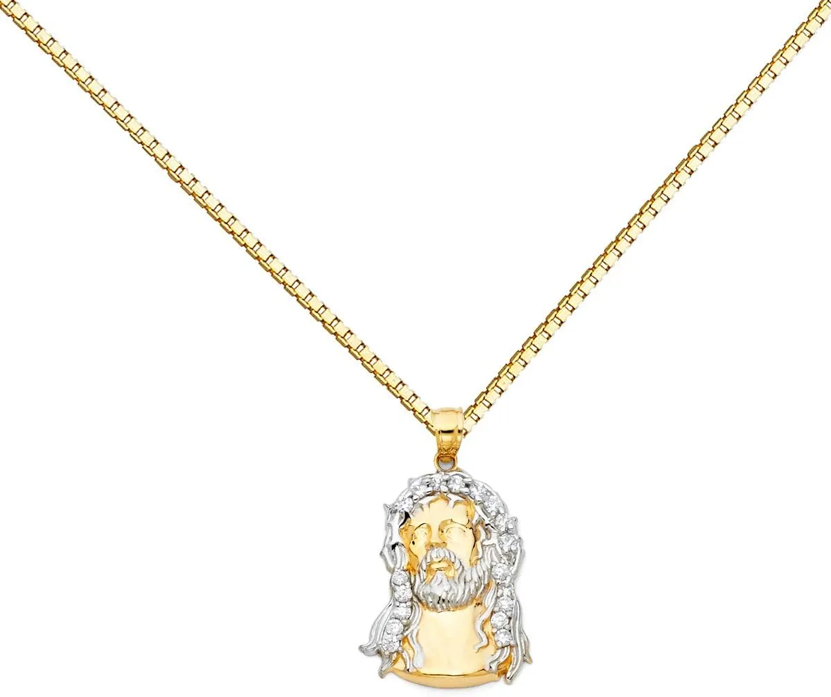14k Two Tone Gold Jesus Face Religious Pendant Charm 1 mm Box Necklace Chain