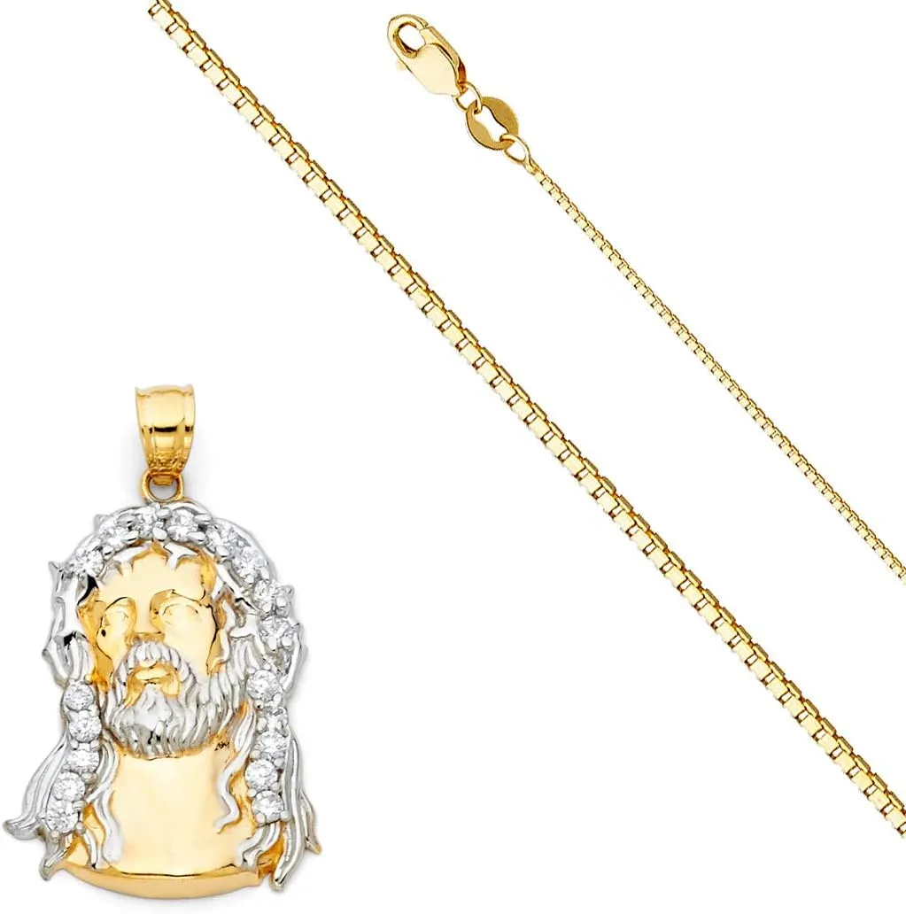 14k Two Tone Gold Jesus Face Religious Pendant Charm 1 mm Box Necklace Chain