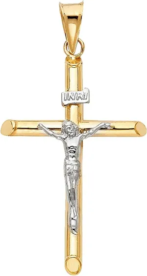 14k Two Tone Gold Religious Crucifix Cross Charm Pendant 43mm X 20mm