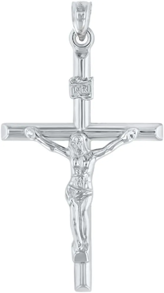 14K White Gold INRI Crucifix Tubular Simple Polished Cross Pendant Necklace
