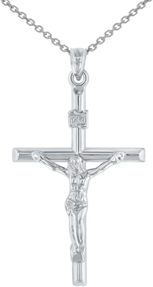 14K White Gold INRI Crucifix Tubular Simple Polished Cross Pendant Necklace