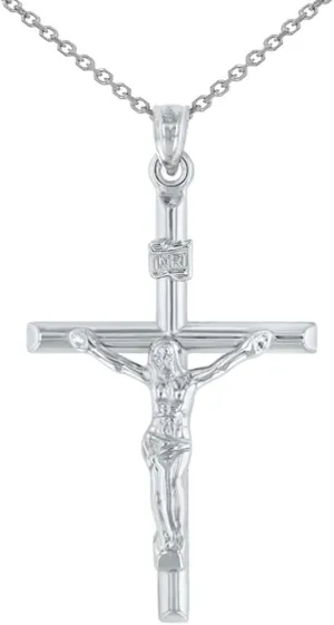14K White Gold INRI Crucifix Tubular Simple Polished Cross Pendant Necklace