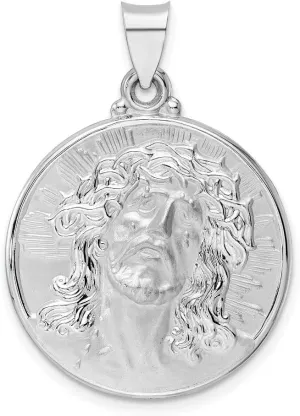14K White Gold Polished & Satin Hollow Jesus Face Disc Pendant XR1891