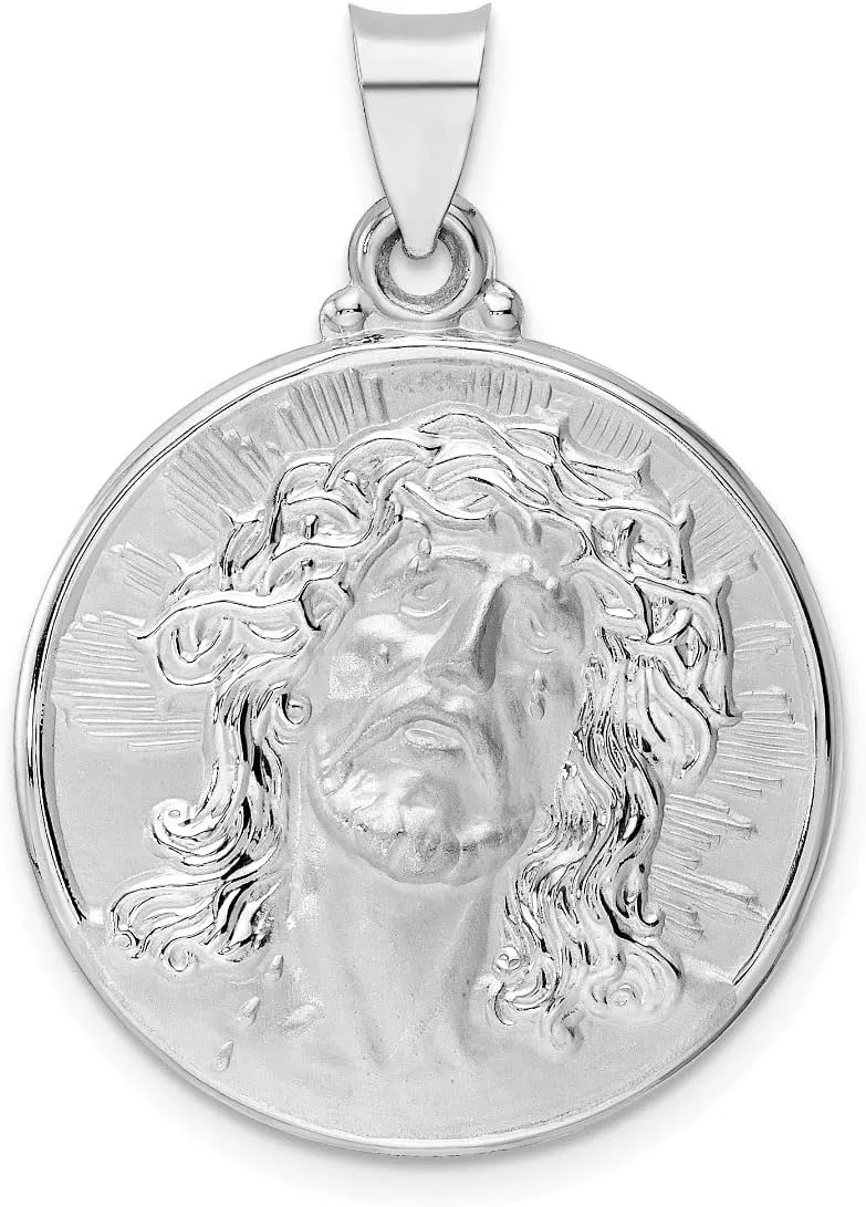 14k White Gold Polished and Satin Hollow Jesus Face Disc Pendant