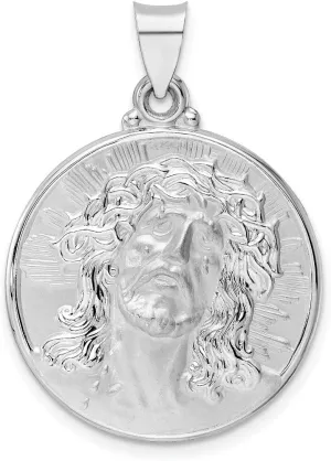 14k White Gold Polished and Satin Hollow Jesus Face Disc Pendant