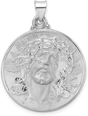 14k White Gold Polished and Satin Hollow Jesus Face Disc Pendant