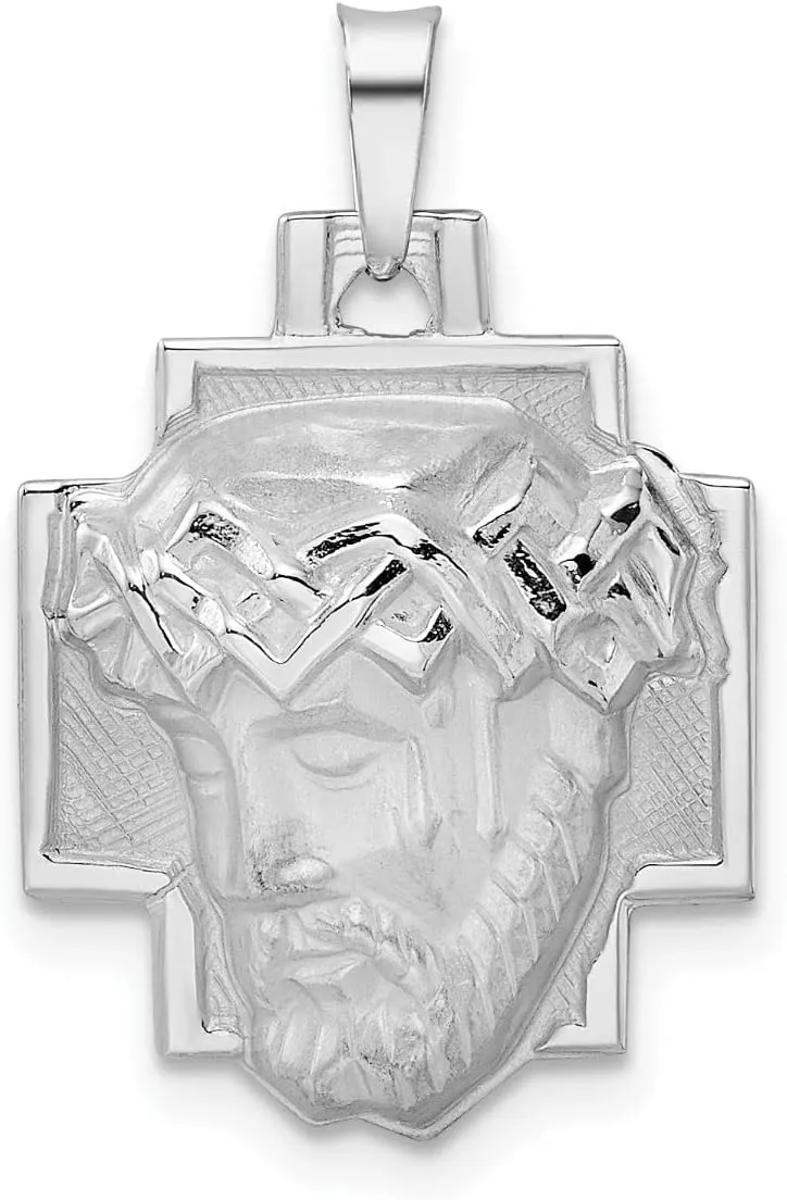 14k White Gold Polished and Satin Solid Jesus Head Pendant