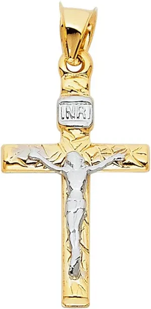 14k Yellow & White Gold Crucifix Pendant Jesus Cross Wood Texture Polished Charm