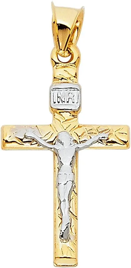 14k Yellow & White Gold Crucifix Pendant Jesus Cross Wood Texture Polished Charm