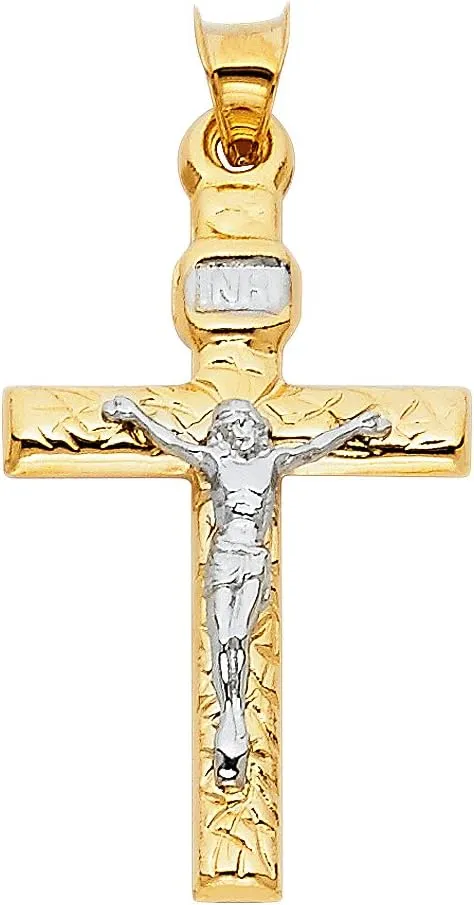 14k Yellow & White Gold Polished Cross Pendant Crucifix Jesus Christ Faith Charm