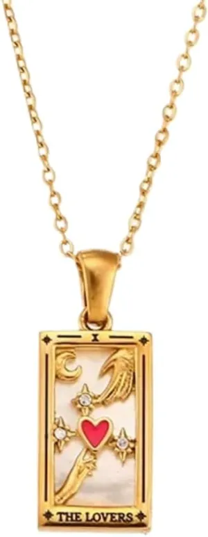 14k Yellow Gold Classic Arcana Tarot Card Necklace For Women And Men - Sun Lover Star Moon Magician Pendant Necklaces Lucky Amulet Charm Tarot Card Necklace Celestial Necklace For Women And Men