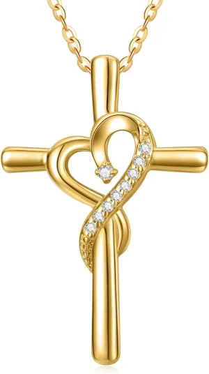14k Yellow Gold Cross Necklace for Women with Natural Diamond(I2-I3 Clarity),Religious Pendant Necklaces Jewelry Gift for Mom Wife Her Mother's Day Christmas