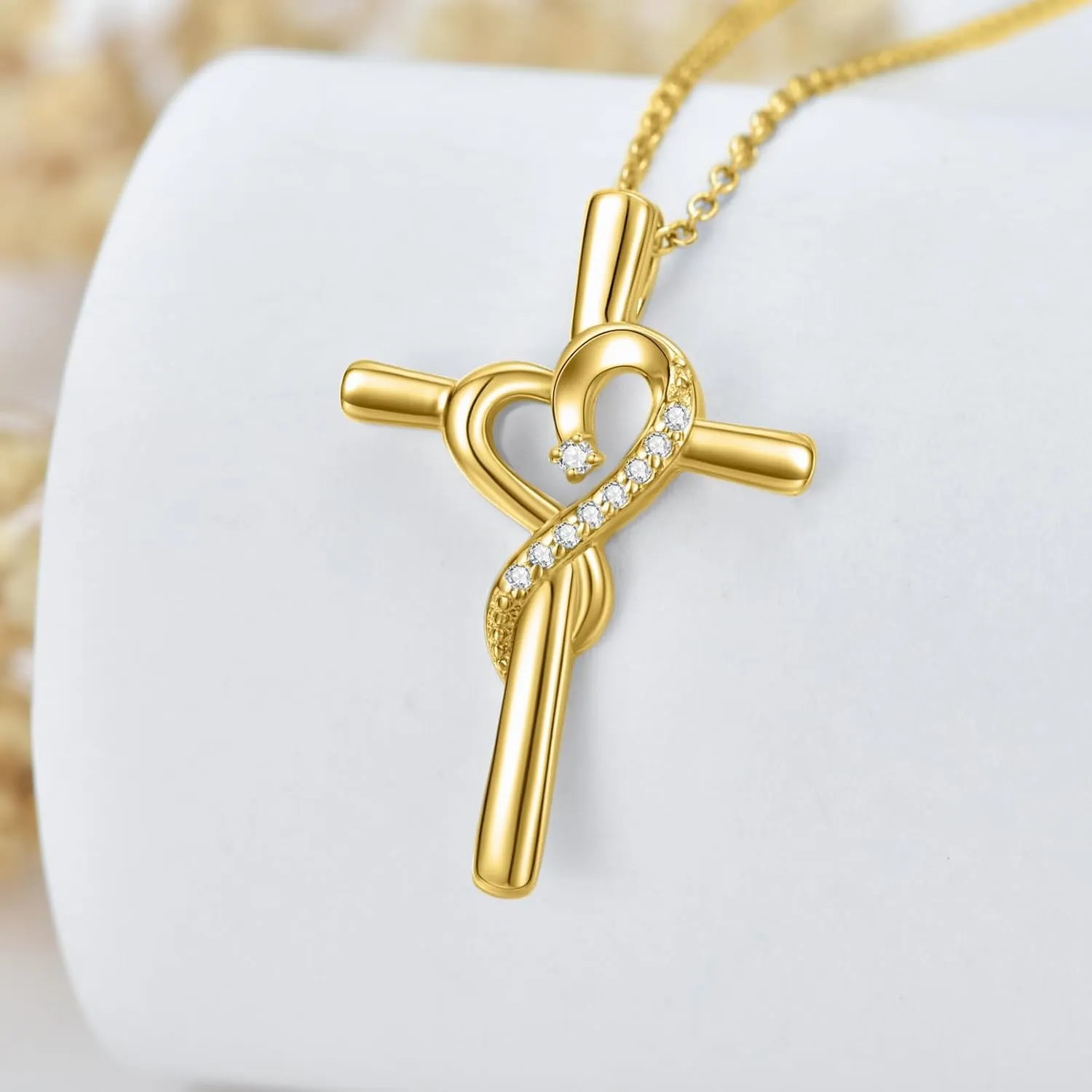 14k Yellow Gold Cross Necklace for Women with Natural Diamond(I2-I3 Clarity),Religious Pendant Necklaces Jewelry Gift for Mom Wife Her Mother's Day Christmas