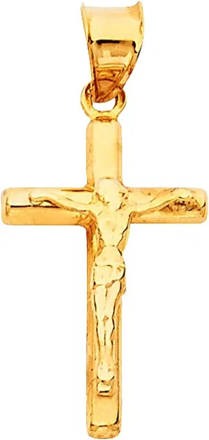 14K Yellow Gold Jesus Engraved Cross Pendant - Crucifix Charm Polish Finish - Handmade Spiritual Symbol - Gold Stamped Fine Jewelry - Great Gift for Men & Women