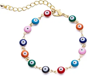 14K Yellow Gold Plated Evil Eye Bracelets, Charm Enamel Evil Eye Protection Link Chain Bracelet, String Evil Eye Bracelets with Gift Box