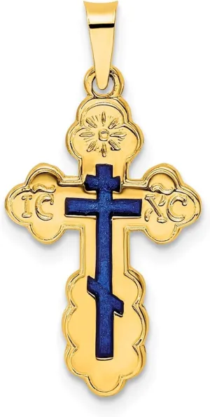 14K Yellow Gold Polished Eastern Orthodox Blue Enamel Solid Cross Pendant