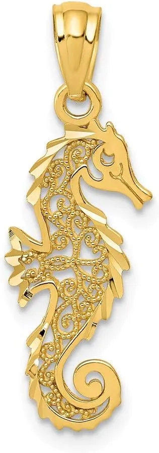 14k Yellow Gold Solid Gold Polished Filigree Seahorse Charm Pendant