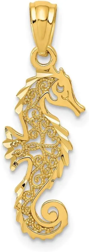 14k Yellow Gold Solid Gold Polished Filigree Seahorse Charm Pendant
