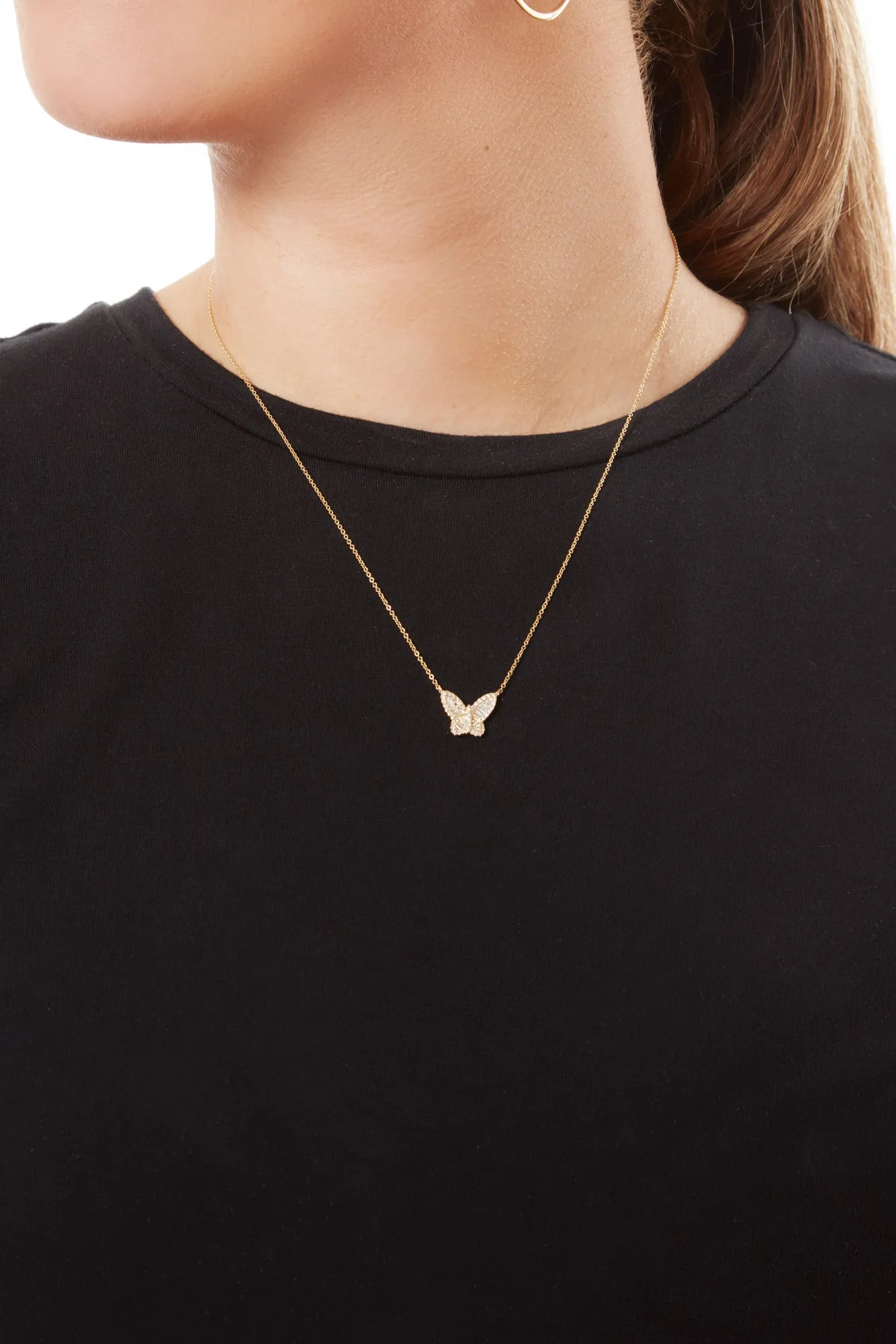 14KY Small Baguette Diamond Butterfly Necklace