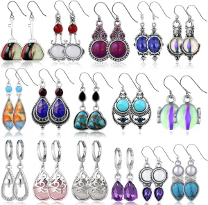 16 Pairs Crystal Drop Dangle Earrings Multi-shaped Quartz Stone Earrings Multi-color Pendant Earrings for Women