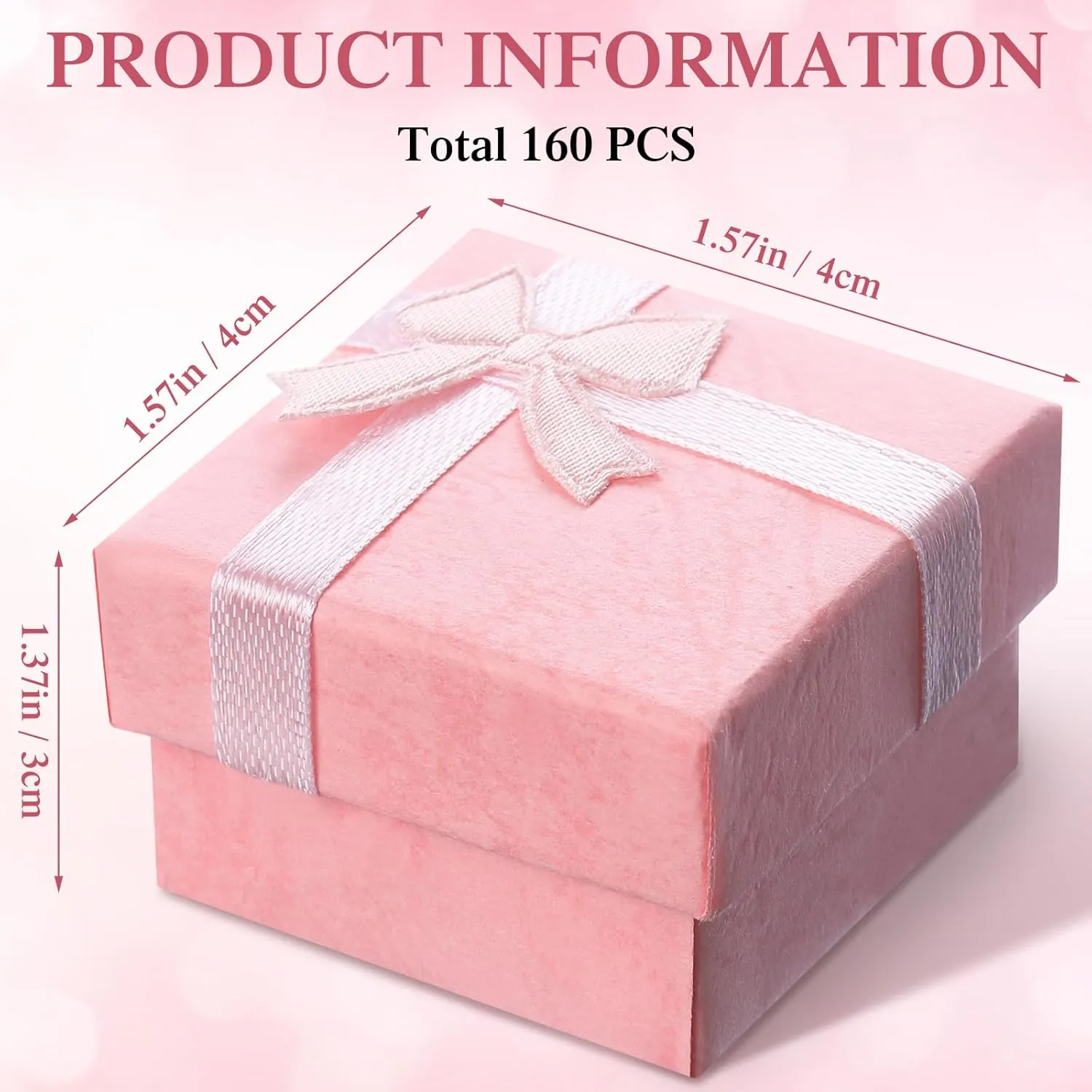 160 Pcs Ring Gift Box Cardboard Jewelry Gift Box 1.57x1.57 In Bulk Small Square Ring Box with Ribbon Bow for Birthday (Pink)