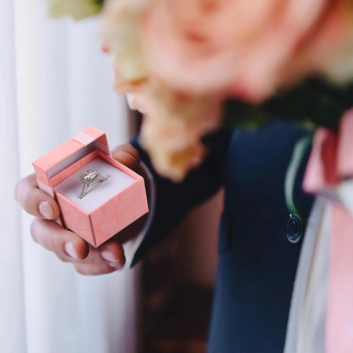 160 Pcs Ring Gift Box Cardboard Jewelry Gift Box 1.57x1.57 In Bulk Small Square Ring Box with Ribbon Bow for Birthday (Pink)