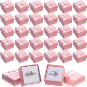 160 Pcs Ring Gift Box Cardboard Jewelry Gift Box 1.57x1.57 In Bulk Small Square Ring Box with Ribbon Bow for Birthday (Pink)
