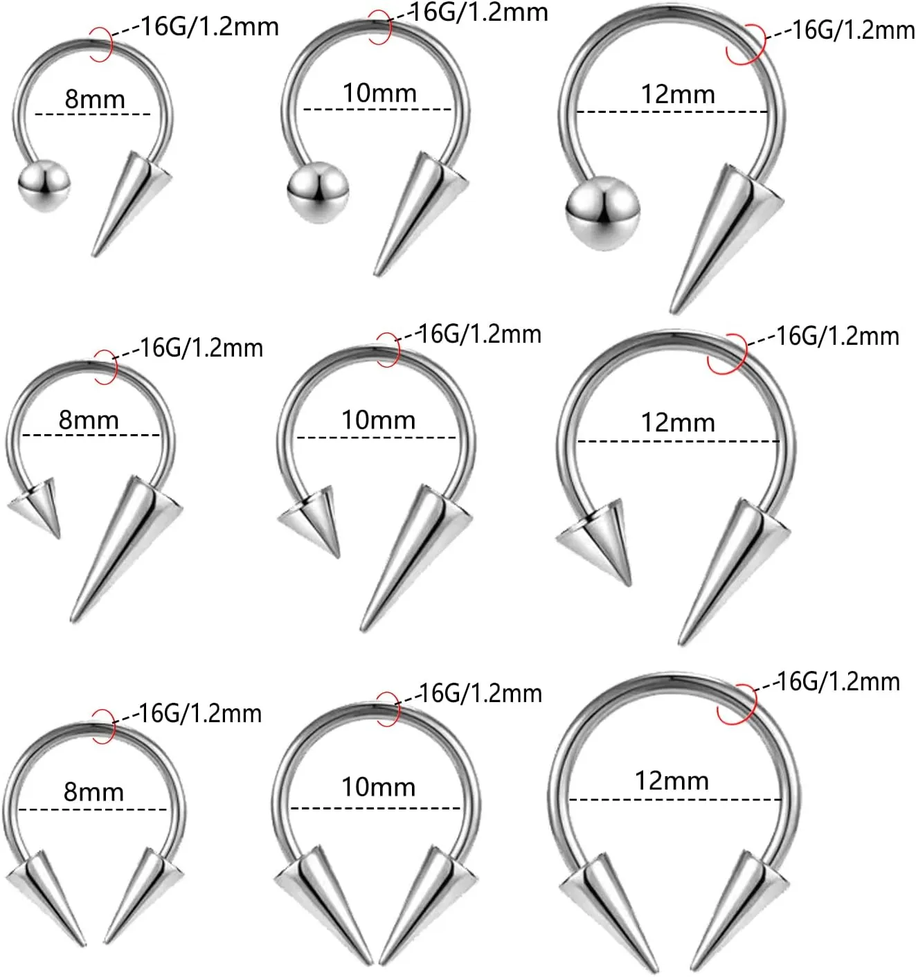 16G 316L Spike Septum Rings Lip Rings Horseshoe Nose Rings, Rook Daith Helix Tragus Cartilage Earrings Hoop, Stainless Steel Lobe Lip Piercing for Women Men
