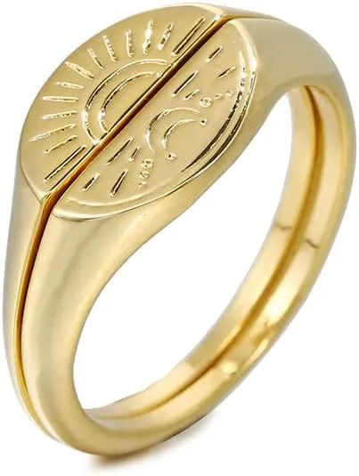 16K Gold Plated Sun Moon Engraved Matching Couple Stackable Promise Rings for Him and Her