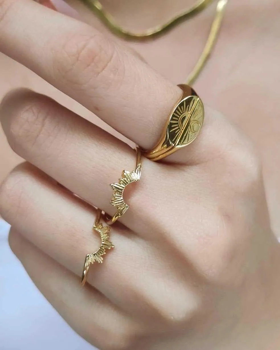 16K Gold Plated Sun Moon Engraved Matching Couple Stackable Promise Rings for Him and Her