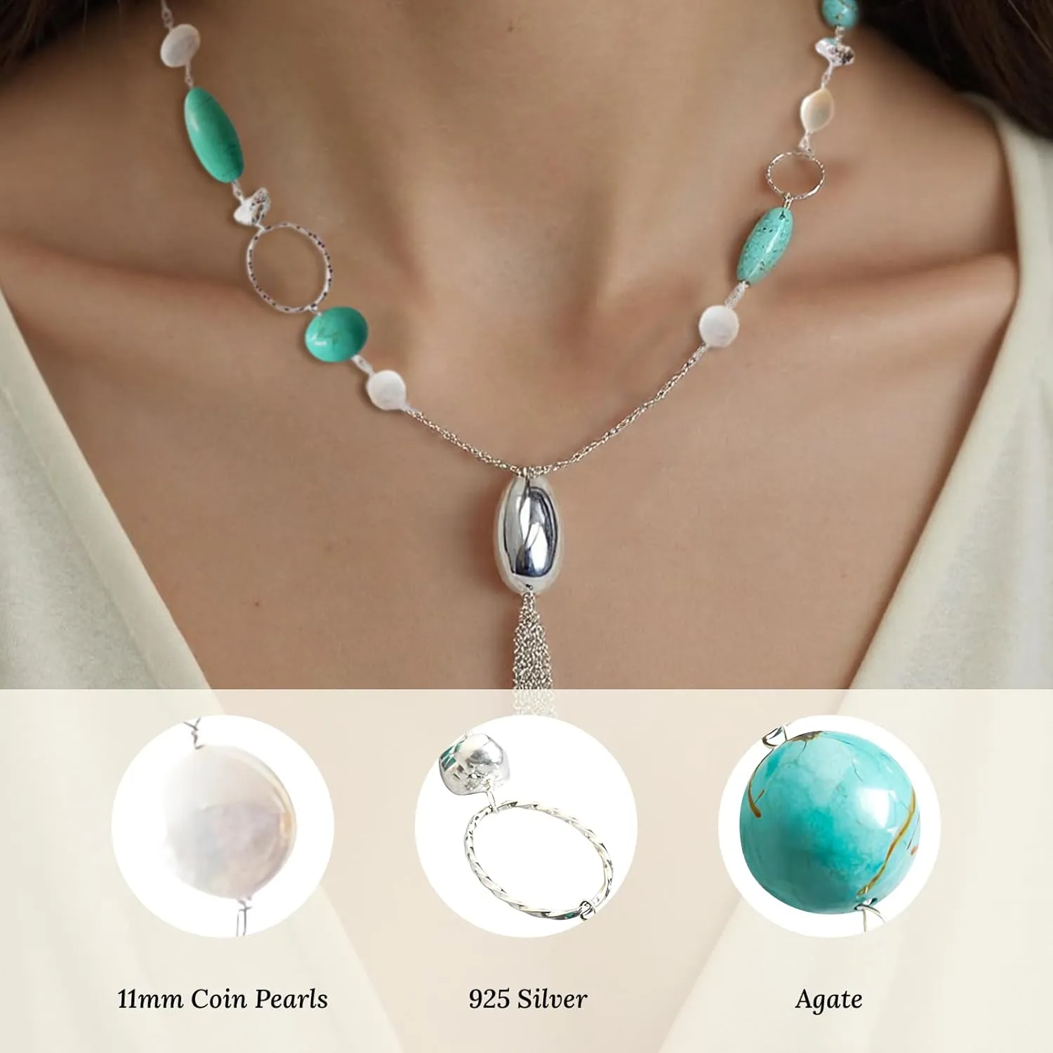 16" Freshwater Pearl Necklace - Baroque Necklace with Green Opal, Turquoise, Silver Clasp - Real Pearls Strand with Vintage Beaded Charms Luxury Jewelry Gift