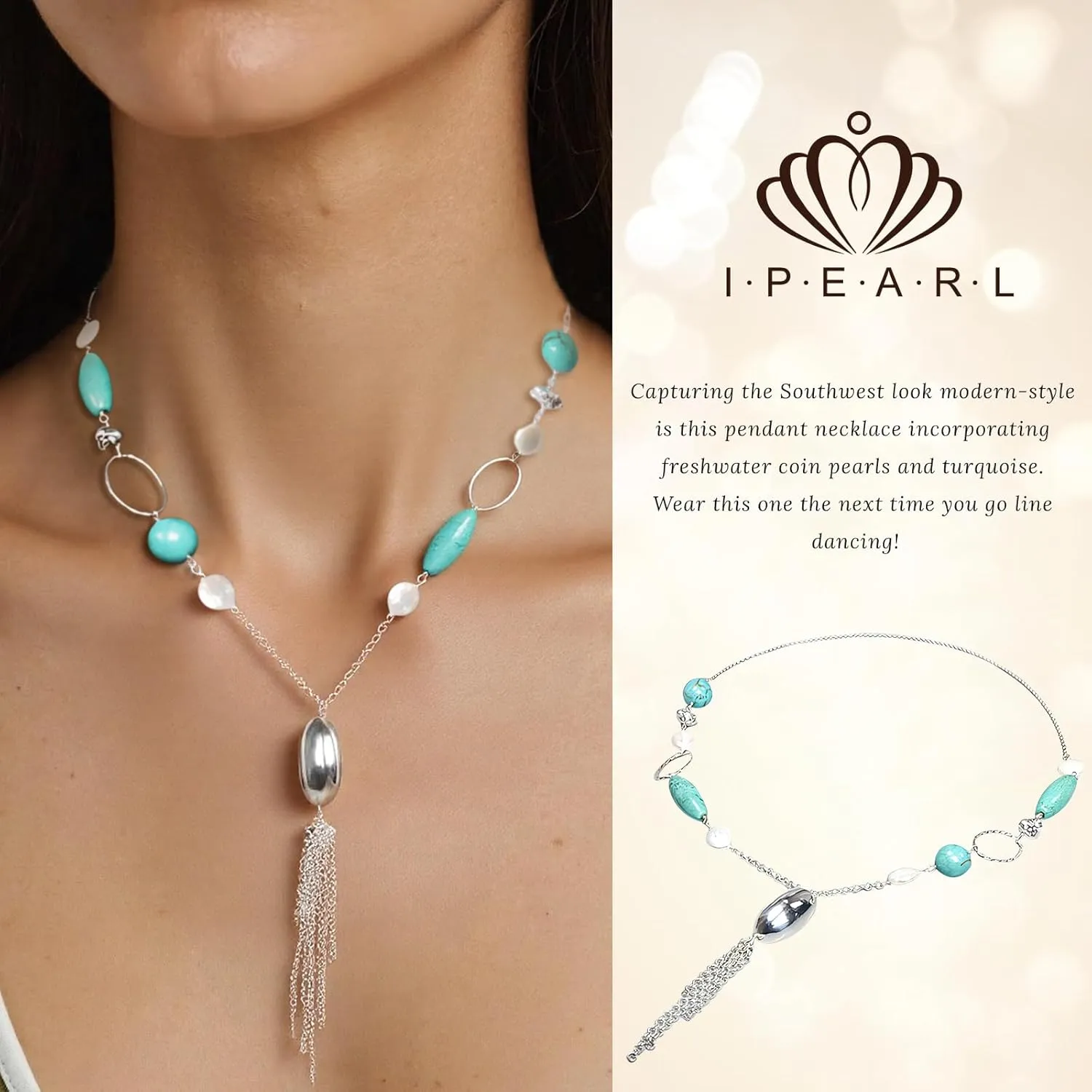 16" Freshwater Pearl Necklace - Baroque Necklace with Green Opal, Turquoise, Silver Clasp - Real Pearls Strand with Vintage Beaded Charms Luxury Jewelry Gift