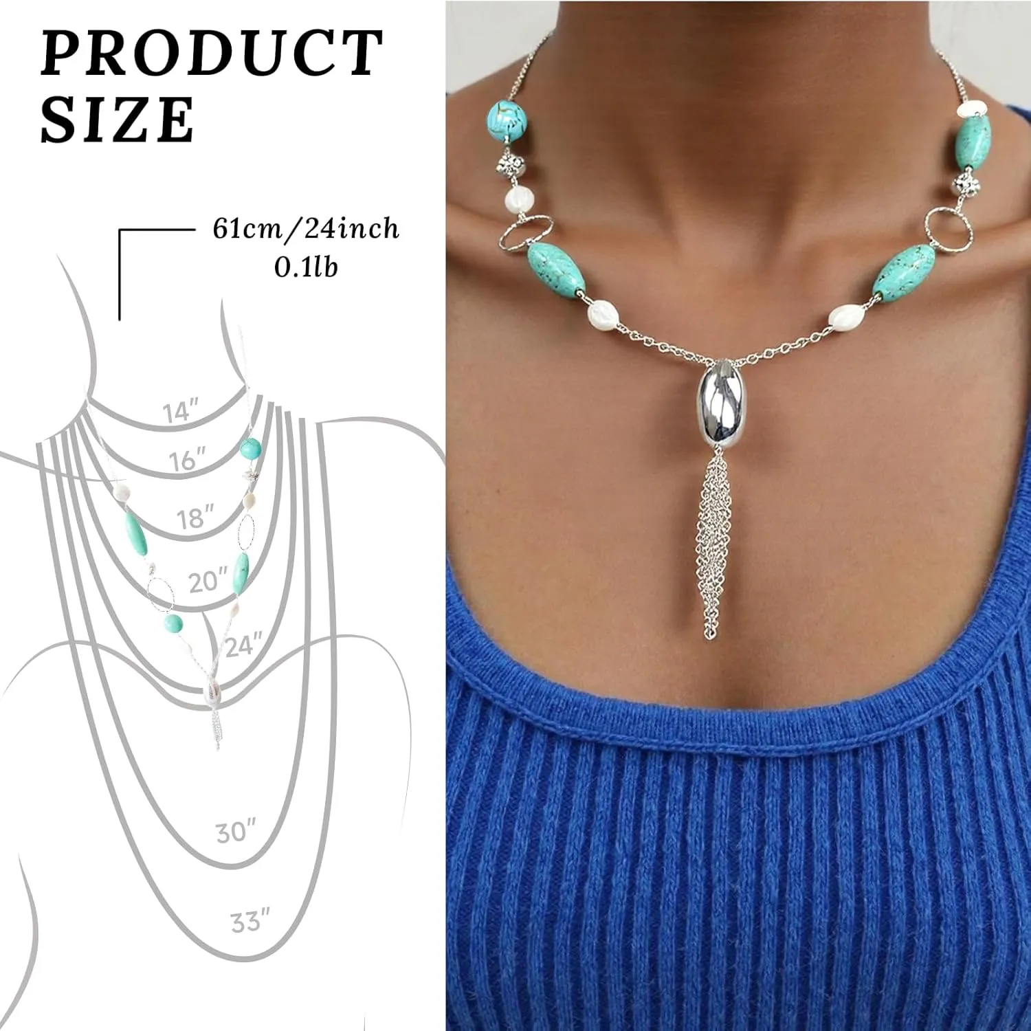 16" Freshwater Pearl Necklace - Baroque Necklace with Green Opal, Turquoise, Silver Clasp - Real Pearls Strand with Vintage Beaded Charms Luxury Jewelry Gift