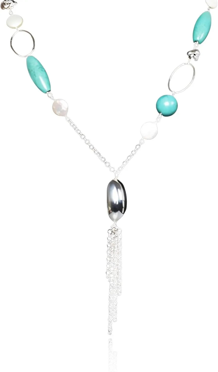 16" Freshwater Pearl Necklace - Baroque Necklace with Green Opal, Turquoise, Silver Clasp - Real Pearls Strand with Vintage Beaded Charms Luxury Jewelry Gift